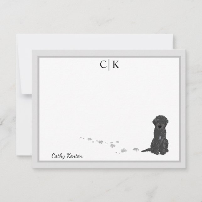 Bene the Labradoodle Dog Grey Border Monogram Card (Front)