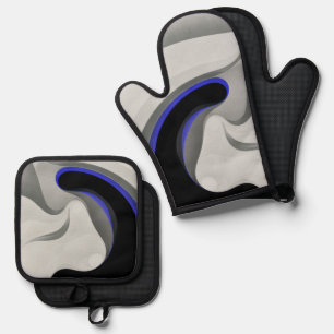 Beneath the Blue: Abstract Grey, Black & Blue Oven Mitt & Pot Holder Set