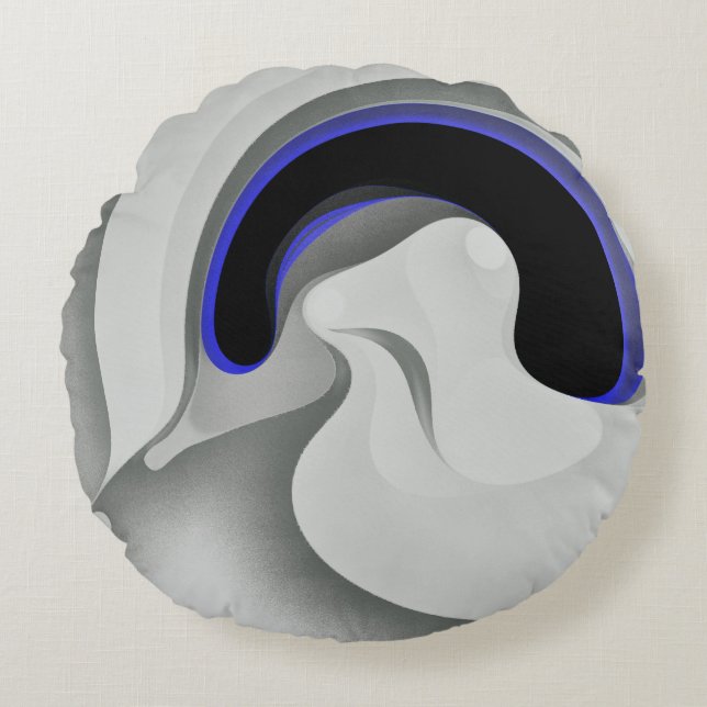 Beneath the Blue: Abstract Grey, Black & Blue Round Cushion (Front)