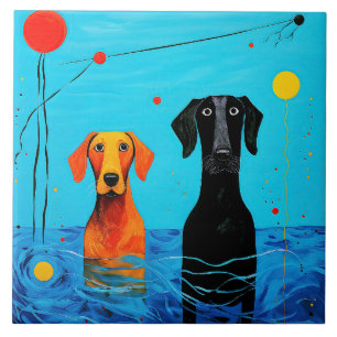 Beneath the Blue Horizon -  Surreal Colourful Dogs Tile