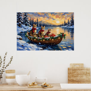 Bengal Cat Christmas Boat Holiday Poster