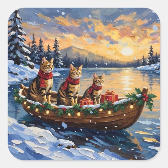 Bengal Cat Christmas Boat Holiday Square Sticker (Front)