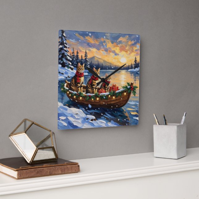 Bengal Cat Christmas Boat Holiday Square Wall Clock (Office)