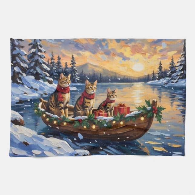 Bengal Cat Christmas Boat Holiday Tea Towel (Horizontal)