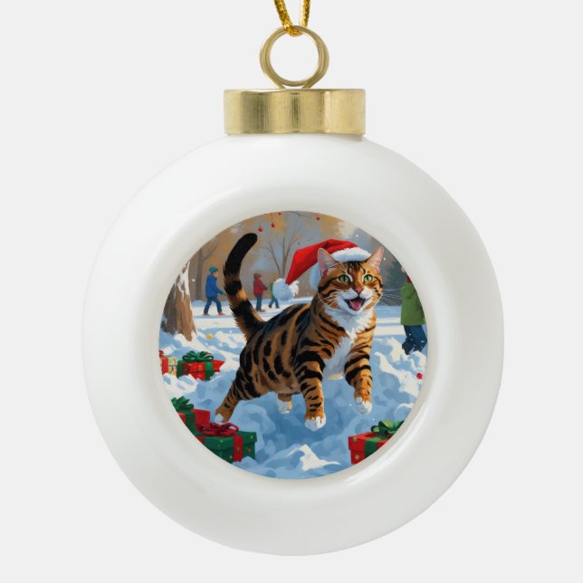Bengal Cat Christmas Festive Snow Scene Ceramic Ball Christmas Ornament (Front)