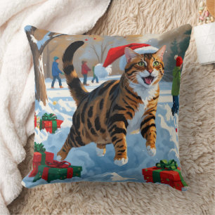 Bengal Cat Christmas Festive Snow Scene Cushion