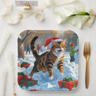 Bengal Cat Christmas Festive Snow Scene Paper Plate