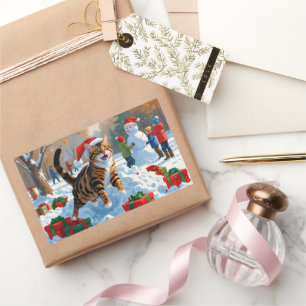 Bengal Cat Christmas Festive Snow Scene Rectangular Sticker