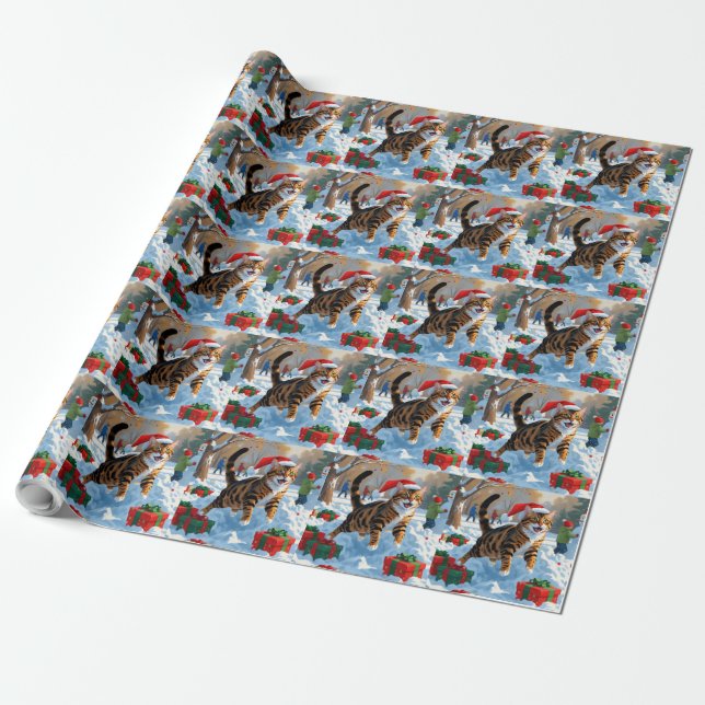 Bengal Cat Christmas Festive Snow Scene Wrapping Paper (Unrolled)