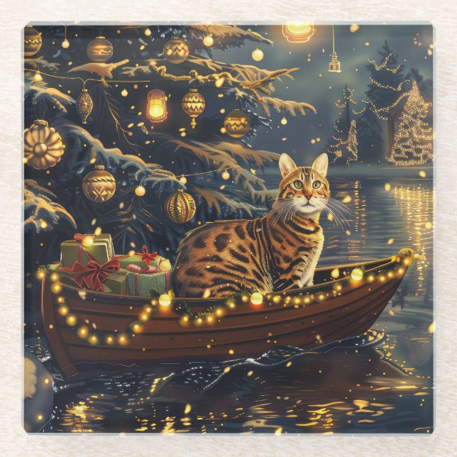 Bengal Cat Christmas Festive Voyage Glass Coaster (Front)