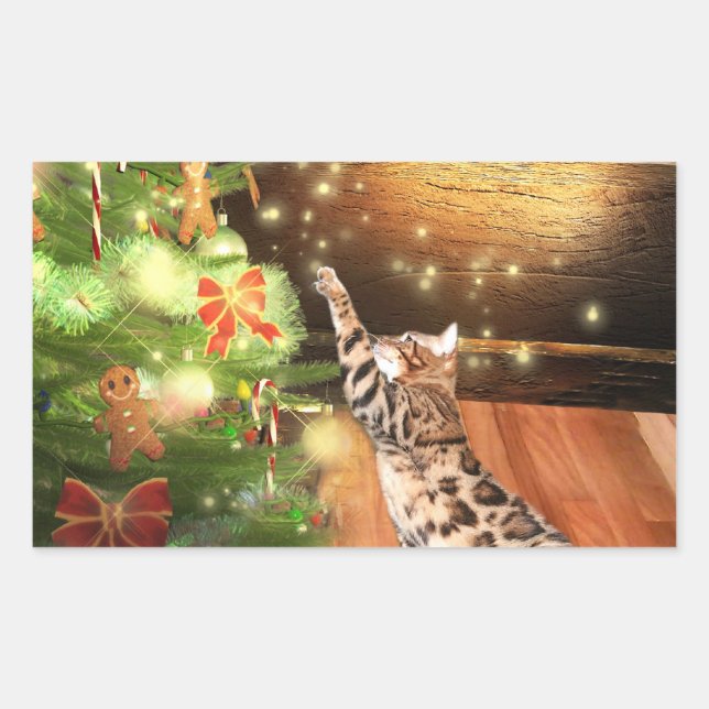 Bengal cat Christmas Rectangular Sticker (Front)
