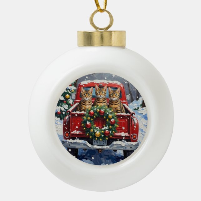 Bengal Cat Christmas Red Truck Holiday Ceramic Ball Christmas Ornament (Front)