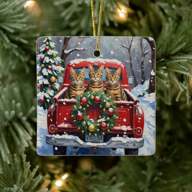 Bengal Cat Christmas Red Truck Holiday Ceramic Ornament (Tree)