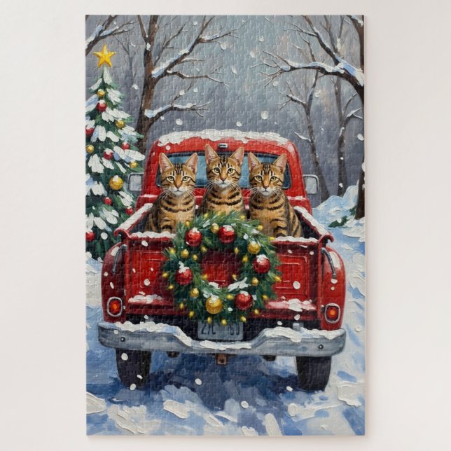 Bengal Cat Christmas Red Truck Holiday Jigsaw Puzzle (Vertical)