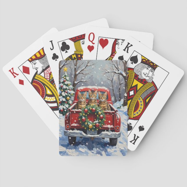 Bengal Cat Christmas Red Truck Holiday Playing Cards (Back)