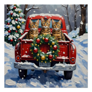 Bengal Cat Christmas Red Truck Holiday Poster