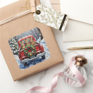 Bengal Cat Christmas Red Truck Holiday Square Sticker