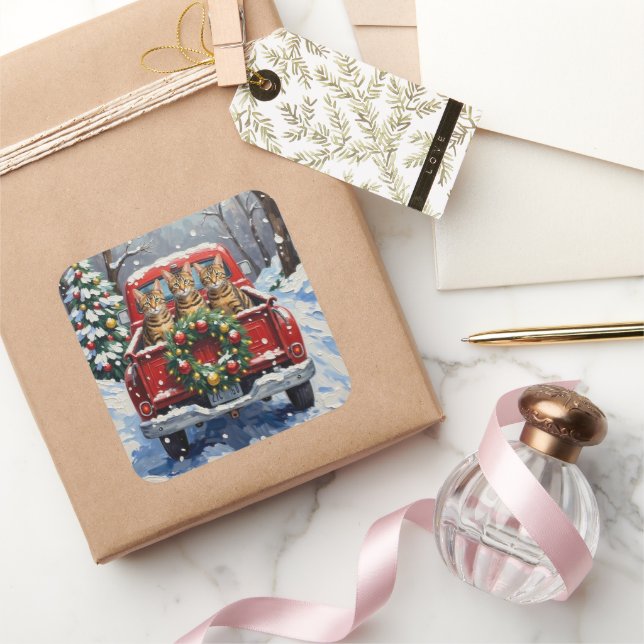 Bengal Cat Christmas Red Truck Holiday Square Sticker (Gifting)