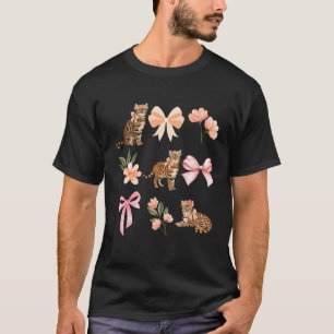 Bengal Cat Coquette Toile Vintage Bow Rose Pattern T-Shirt