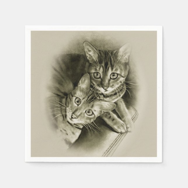 Bengal Cat Couple, Original Pencil Drawing Napkin (Front)