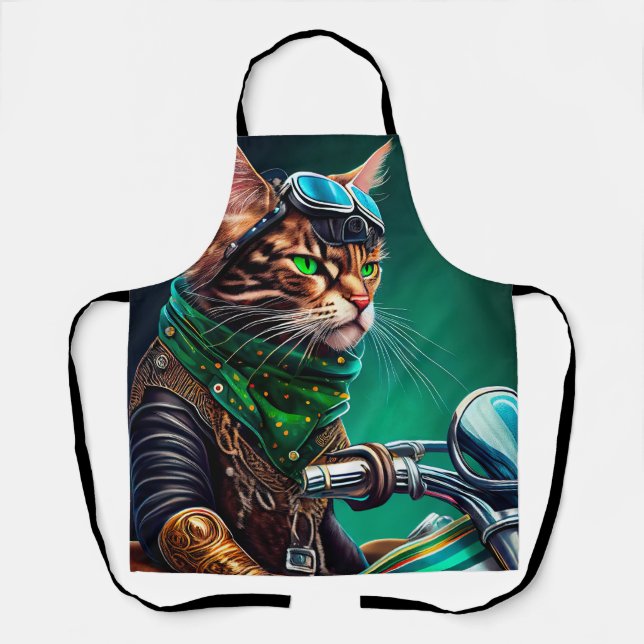 Bengal Cat driving bike St. Patrick's Day Apron (Front)