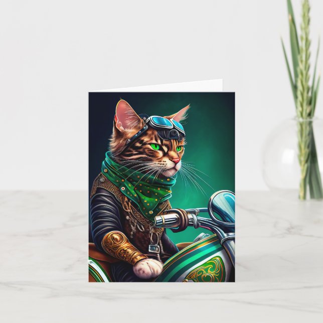 Bengal Cat driving bike St. Patrick's Day Card (Front)
