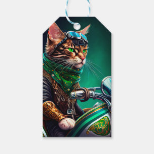 Bengal Cat driving bike St. Patrick's Day Gift Tags