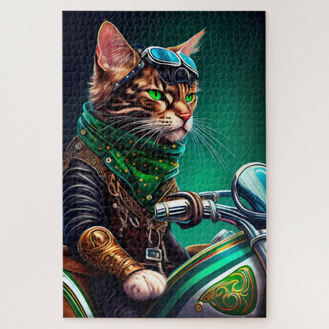 Bengal Cat driving bike St. Patrick's Day Jigsaw Puzzle (Vertical)