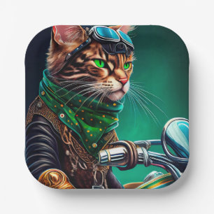 Bengal Cat driving bike St. Patrick's Day Paper Plate