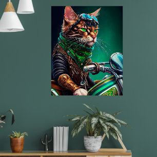 Bengal Cat driving bike St. Patrick's Day Poster