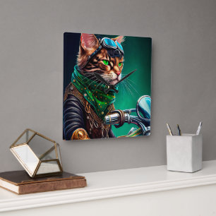 Bengal Cat driving bike St. Patrick's Day Square Wall Clock