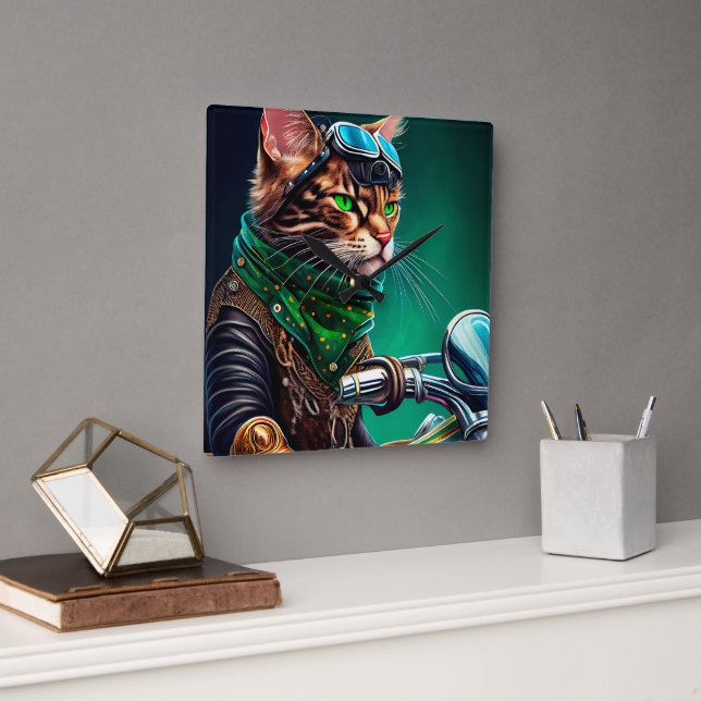 Bengal Cat driving bike St. Patrick's Day Square Wall Clock (Office)