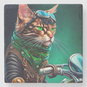 Bengal Cat driving bike St. Patrick's Day Stone Coaster