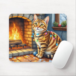 Bengal Cat Fireplace with Christmas Lights Mouse Mat
