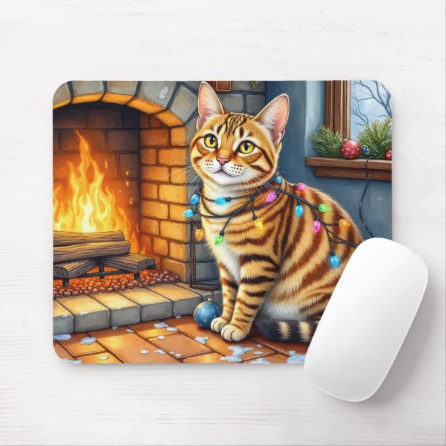 Bengal Cat Fireplace with Christmas Lights Mouse Mat (With Mouse)