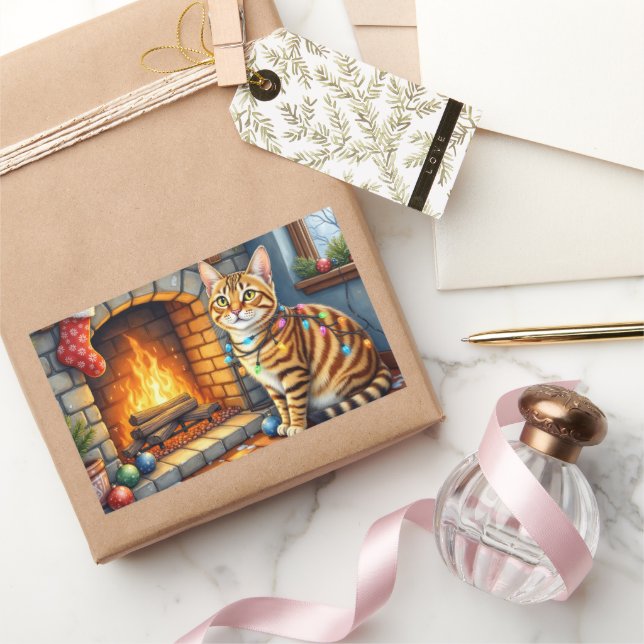 Bengal Cat Fireplace with Christmas Lights Rectangular Sticker (Gifting)