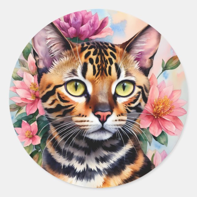 Bengal Cat Floral Art Classic Round Sticker (Front)