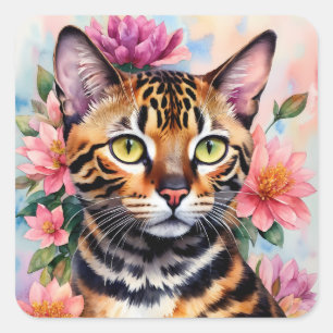 Bengal Cat Floral Art Square Sticker
