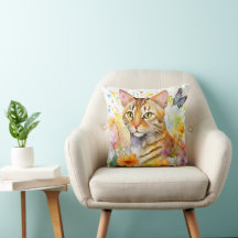 Bengal Cat Floral Design Cushion