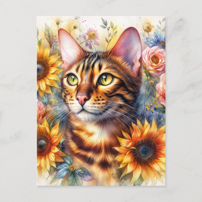 Bengal Cat Floral Portrait Art Postcard (Front)
