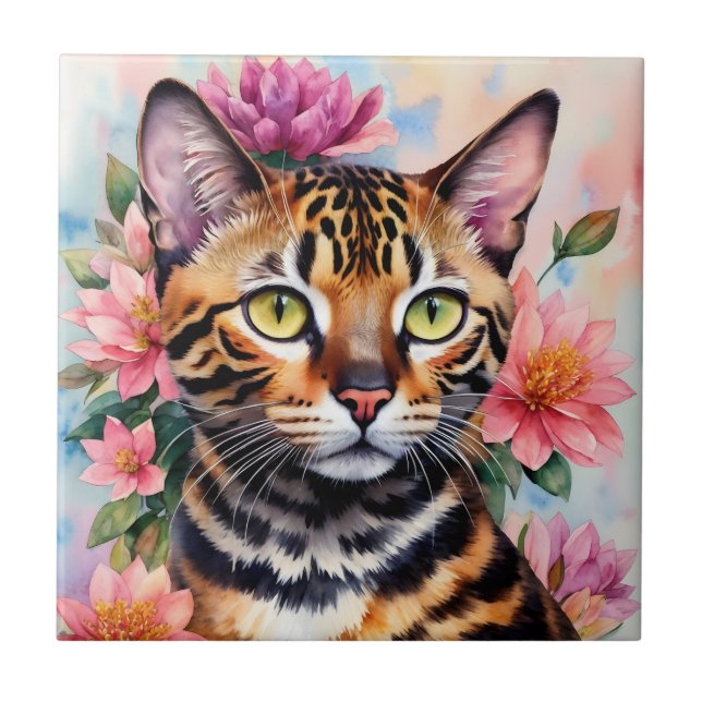Bengal Cat Floral Watercolor Art Tile (Front)