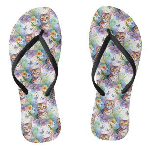 Bengal Cat & Flowers Pattern Flip Flops