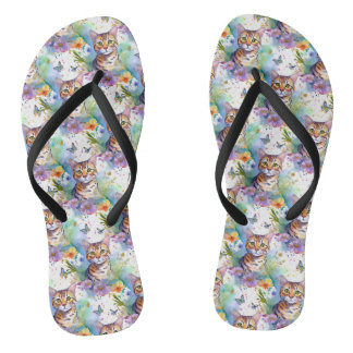Bengal Cat & Flowers Pattern Flip Flops