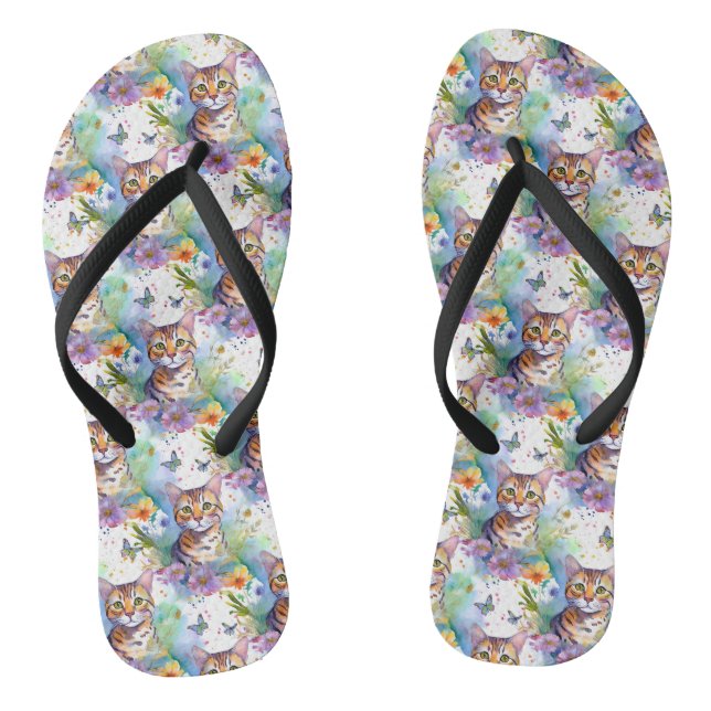 Bengal Cat & Flowers Pattern Flip Flops (Footbed)