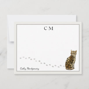 Bengal Cat Gray Border Monogram and Name Flat Card