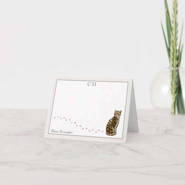 Bengal Cat Grey Border Monogram Name Folded Thank You Card (Front)