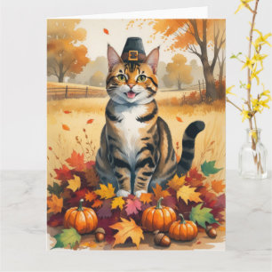 Bengal Cat in Autumn Leaves Thanksgiving Art Card