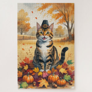 Bengal Cat in Autumn Leaves Thanksgiving Art Jigsaw Puzzle