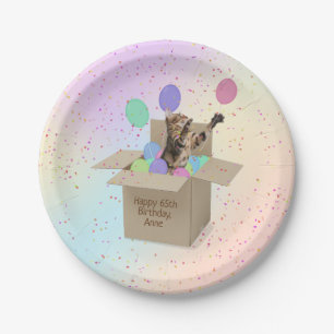Bengal cat in cardboard box with balloons paper plate