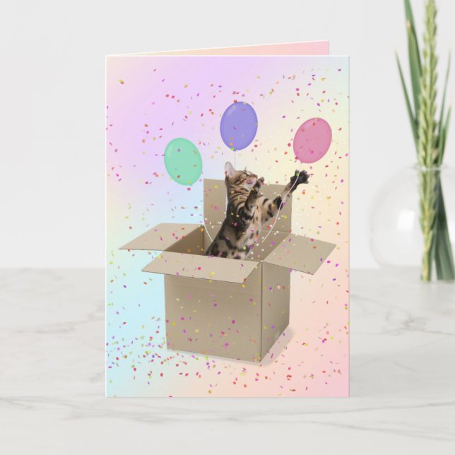 Bengal cat in carton box birthday card (Front)